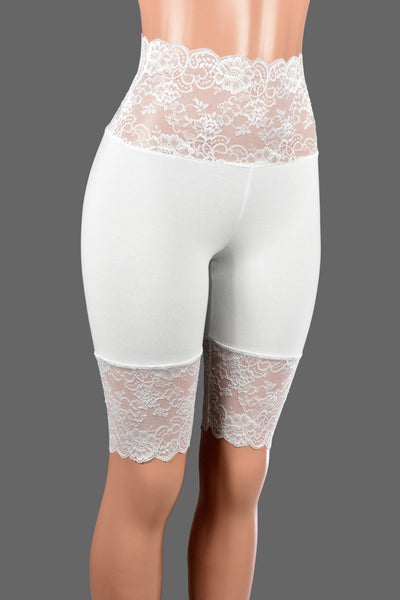 Knee Length Wide Waistband White Stretch Lace Shorts (10.5" inseam)