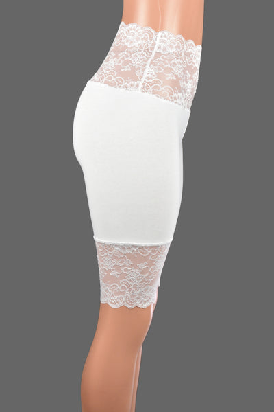 Knee Length Wide Waistband White Stretch Lace Shorts (10.5" inseam)