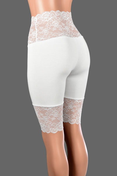 Knee Length Wide Waistband White Stretch Lace Shorts (10.5" inseam)