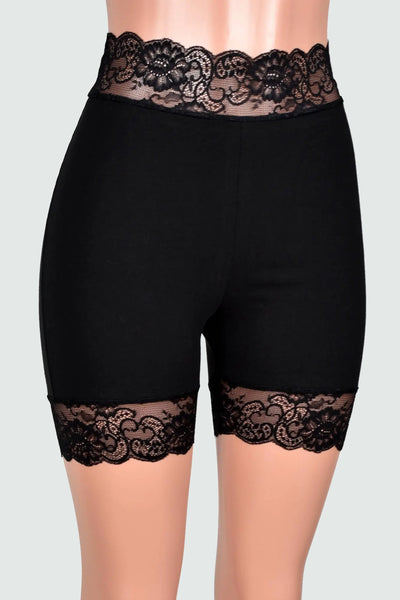 Organic Cotton Spandex High-Waisted Black Stretch Lace Shorts (5" inseam)
