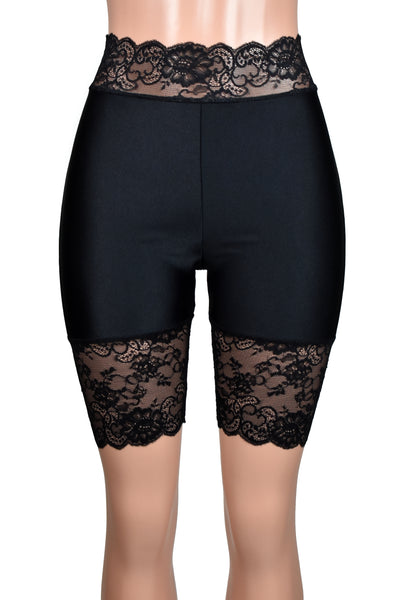 Shiny Spandex Black High-Waisted Stretch Lace Shorts (8.5" inseam)