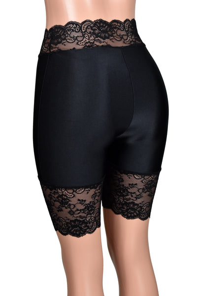Shiny Spandex Black High-Waisted Stretch Lace Shorts (8.5" inseam)