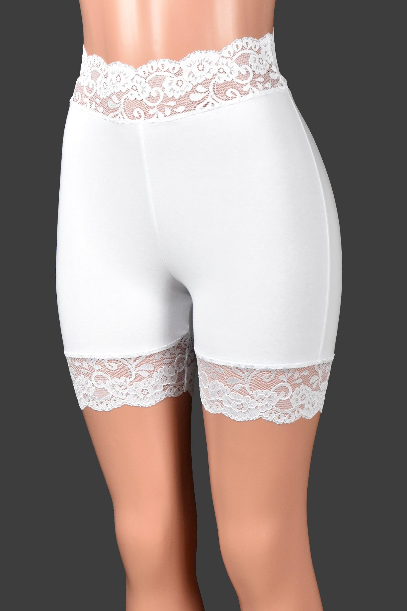 Organic Cotton Spandex High-Waisted 2.5" White Stretch Lace Shorts (5" Inseam)