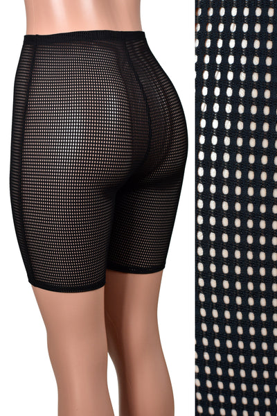 High-Waisted Sheer Black Grid Mesh Bike Shorts