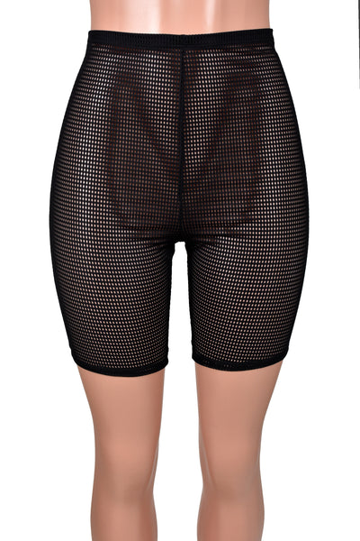 High-Waisted Sheer Black Grid Mesh Bike Shorts