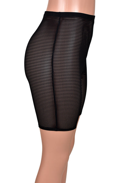 High-Waisted Sheer Black Grid Mesh Bike Shorts