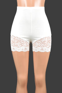 Organic Cotton Spandex High-Waisted White Lace Leg Shorts (3.5" inseam)