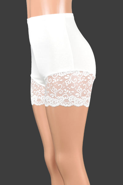 Organic Cotton Spandex High-Waisted White Lace Leg Shorts (3.5" inseam)