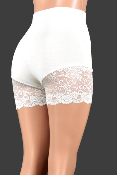 Organic Cotton Spandex High-Waisted White Lace Leg Shorts (3.5" inseam)