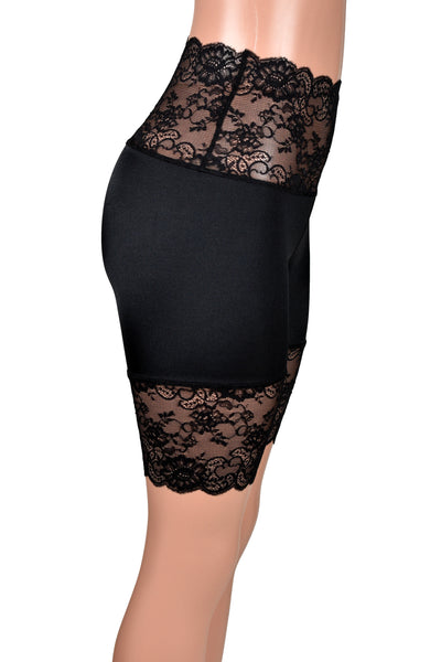 Shiny Spandex Black Wide Waistband High-Waisted Stretch Lace Shorts (8.5" inseam)