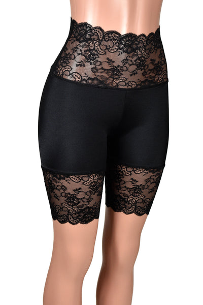 Shiny Spandex Black Wide Waistband High-Waisted Stretch Lace Shorts (8.5" inseam)