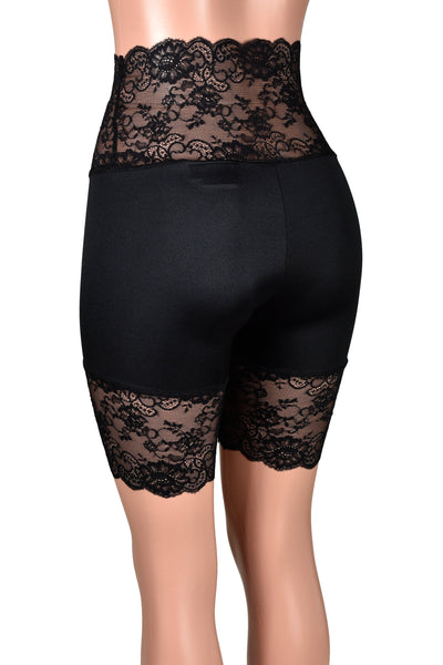 Shiny Spandex Black Wide Waistband High-Waisted Stretch Lace Shorts (8.5" inseam)