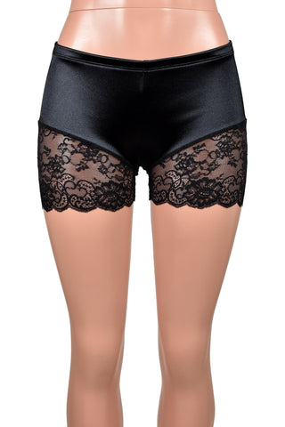 Black Stretch Satin Lace Leg Shorts (3.5" inseam)