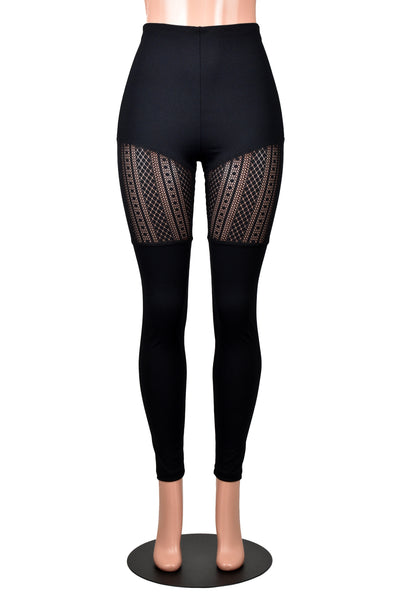 Black Leggings with Sheer Vertical Stripe Pattern Thigh Panel