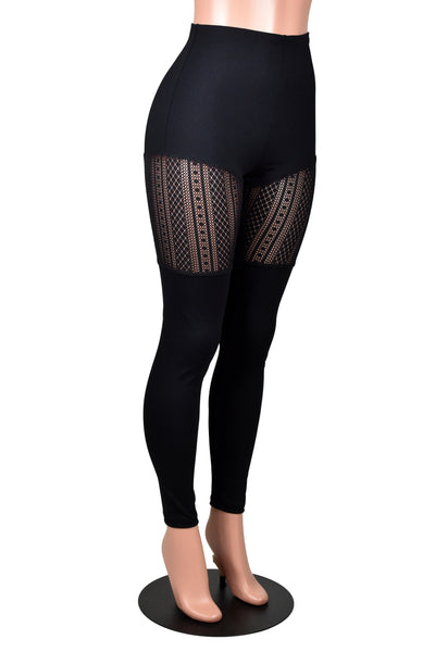 Black Leggings with Sheer Vertical Stripe Pattern Thigh Panel