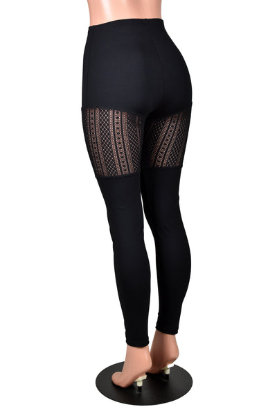 Black Leggings with Sheer Vertical Stripe Pattern Thigh Panel