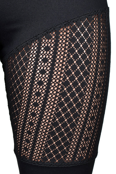 Black Leggings with Sheer Vertical Stripe Pattern Thigh Panel