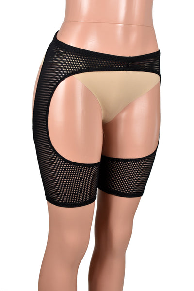 Low Rise Sheer Black Grid Mesh Short Chaps