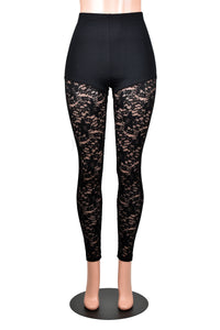 Mannequin wearing High-Waisted Black Cotton and Lace Leggings (opaque cotton fabric at waist and hip, sheer lace fabric legs)