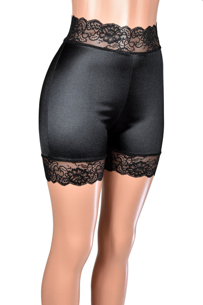 High-Waisted Black Satin Stretch Lace Shorts (5" Inseam/Mini Length)