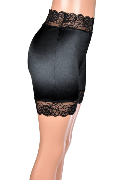 High-Waisted Black Satin Stretch Lace Shorts (5" Inseam/Mini Length)
