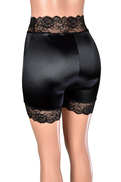 High-Waisted Black Satin Stretch Lace Shorts (5" Inseam/Mini Length)