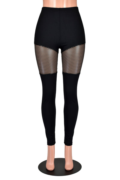 Black Leggings with Sheer Shiny Net Thigh Panel