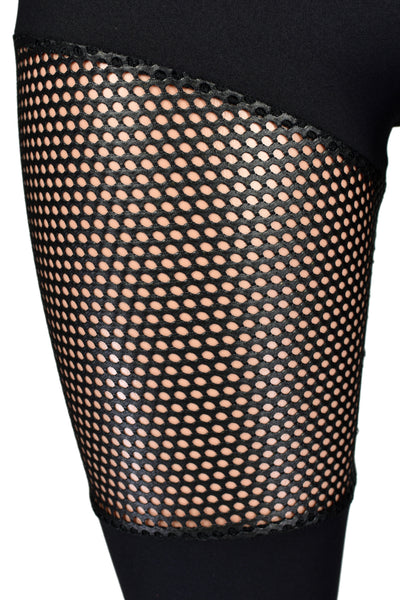 Black Leggings with Sheer Shiny Net Thigh Panel