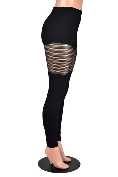 Black Leggings with Sheer Shiny Net Thigh Panel