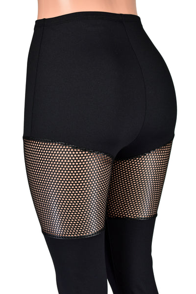Black Leggings with Sheer Shiny Net Thigh Panel