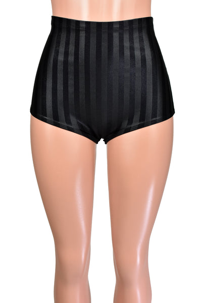 Mannequin wearing high-waisted Black Shiny Stripe Spandex Booty Shorts. Vertical stripes of matte and shiny back are about 1/2 inch wide.