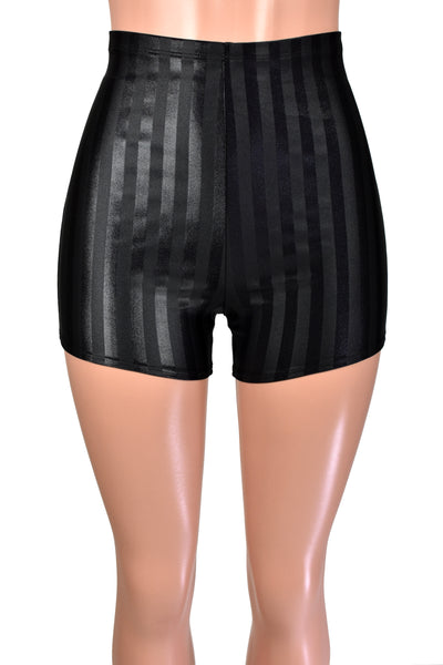 High-Waisted Black Shiny Stripe Spandex Shorts