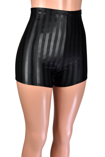 High-Waisted Black Shiny Stripe Spandex Shorts