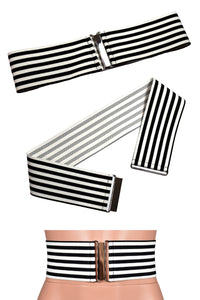 Black and White Striped Elastic Waist Belt with Silver Buckle (3" wide)