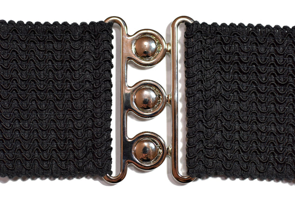 Lace-Up D-Ring Black Elastic Waist Belt with Silver Buckle (3" wide)