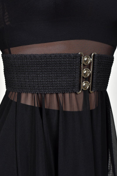 Lace-Up Grommet Black Elastic Waist Belt with Silver Buckle (3" wide)