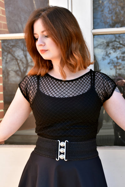 Lace-Up D-Ring Black Elastic Waist Belt with Silver Buckle (3" wide)