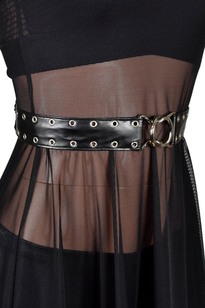 Black Faux Leather Grommet Lace-Up Waist Belt (1.5" wide)