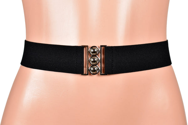 Black Elastic Waist Belt with Retro Circles Silver Buckle (1.5" wide)