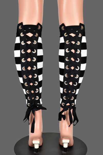 Black and White Striped Lace-Up Grommet Leg Warmers