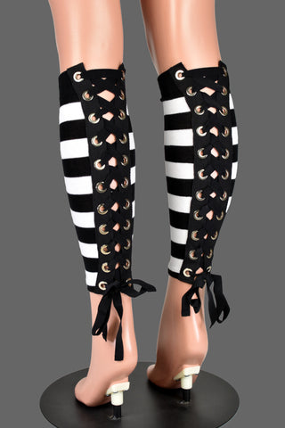 Black and White Striped Lace-Up Grommet Legwarmers