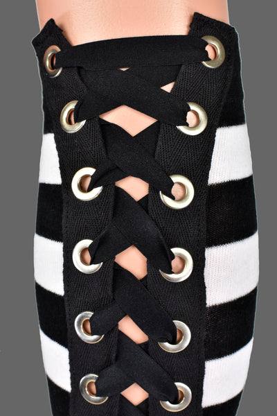 Black and White Striped Lace-Up Grommet Leg Warmers