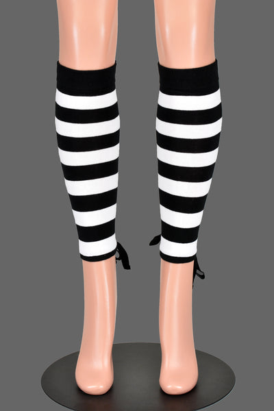 Black and White Striped Lace-Up Grommet Leg Warmers