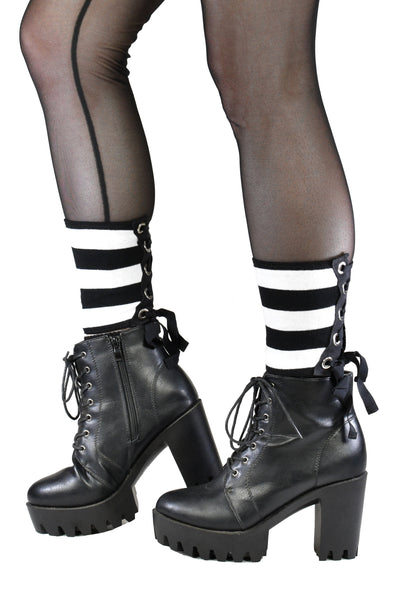 Mini Black and White Striped Lace-Up Grommet Leg Warmers