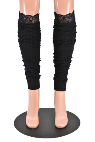 Black Rib Knit Scrunch Leg Warmers with Lace Trim