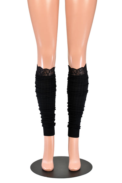 Black Rib Knit Scrunch Leg Warmers with Lace Trim