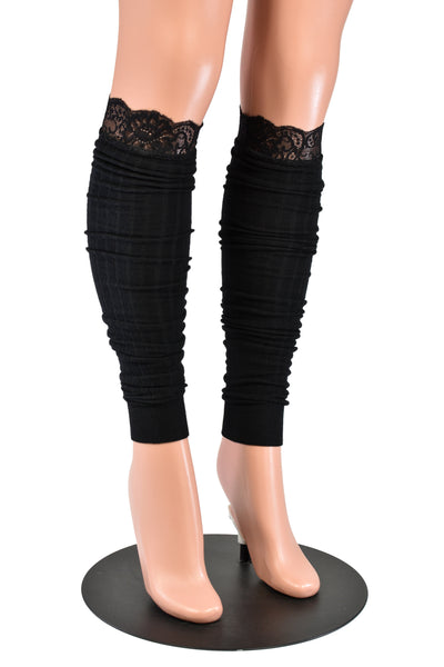 Black Rib Knit Scrunch Leg Warmers with Lace Trim