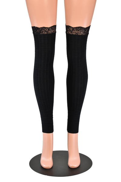 Black Rib Knit Scrunch Leg Warmers with Lace Trim