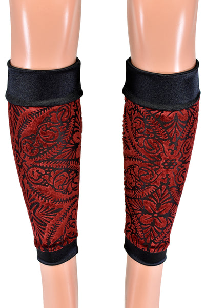 Red and Black Burnout Velvet and Satin Leg Warmers