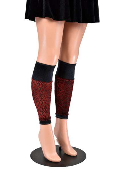 Red and Black Burnout Velvet and Satin Leg Warmers